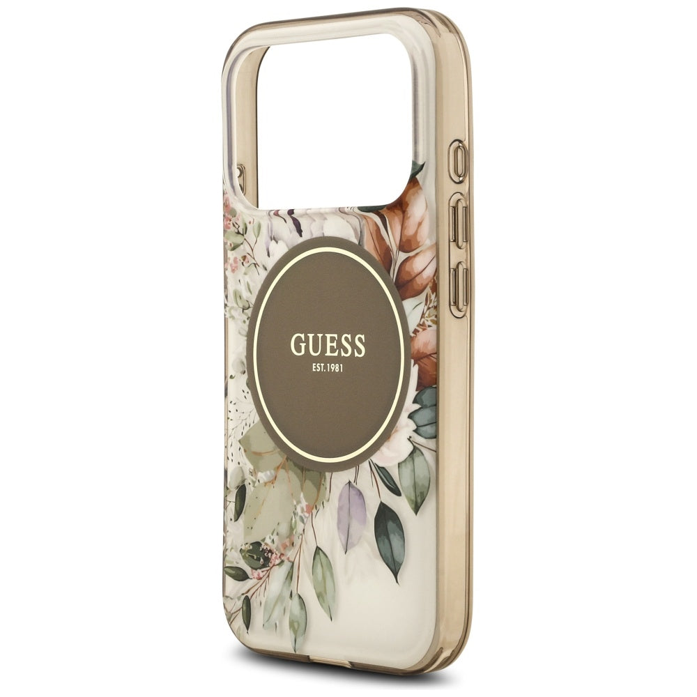 Étui MagSafe pour Apple iPhone 17 Pro Max, Guess, IML Flower & Tonal Circle, Marron