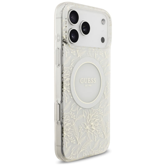 Étui MagSafe pour Apple iPhone 17 Pro Max, Guess, IML Flowers Allover Electroplated with Pearl Strap, Blanc