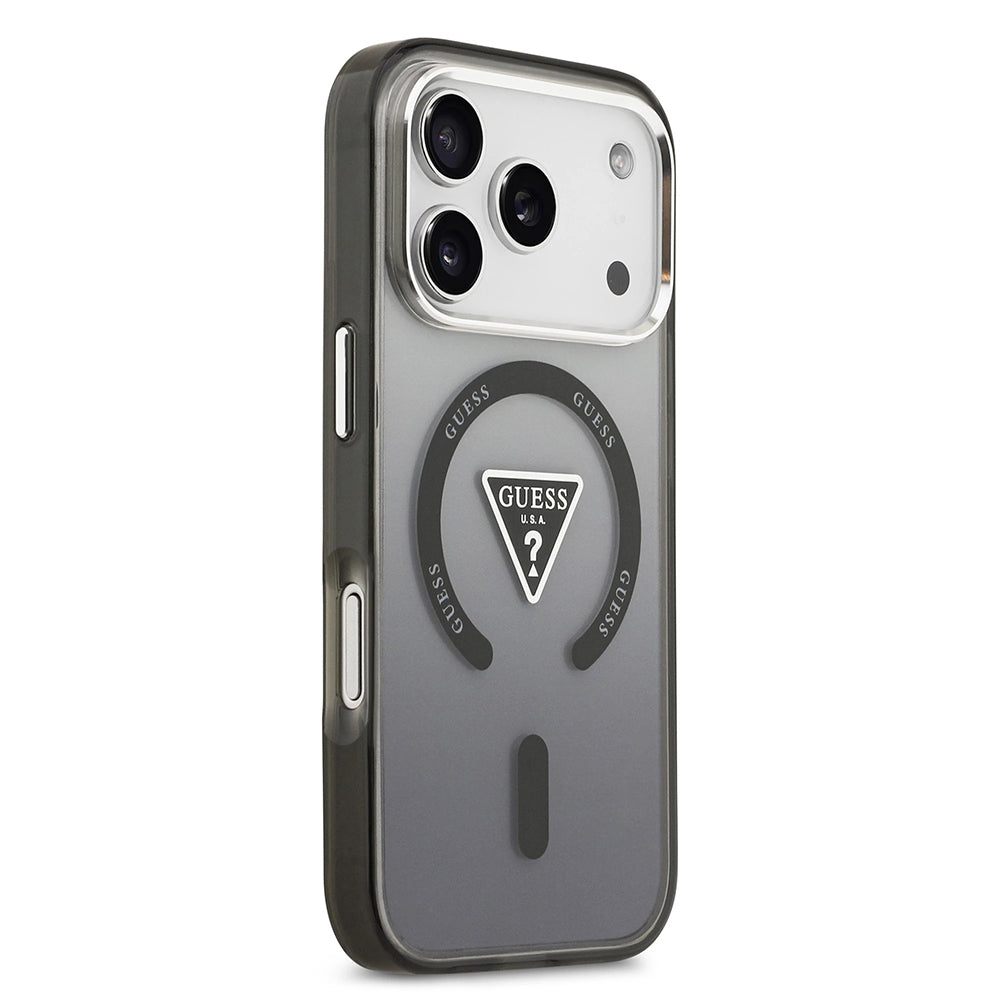 Étui MagSafe pour Apple iPhone 17 Pro Max, Guess, logo triangle dégradé IML, Noir Argenté