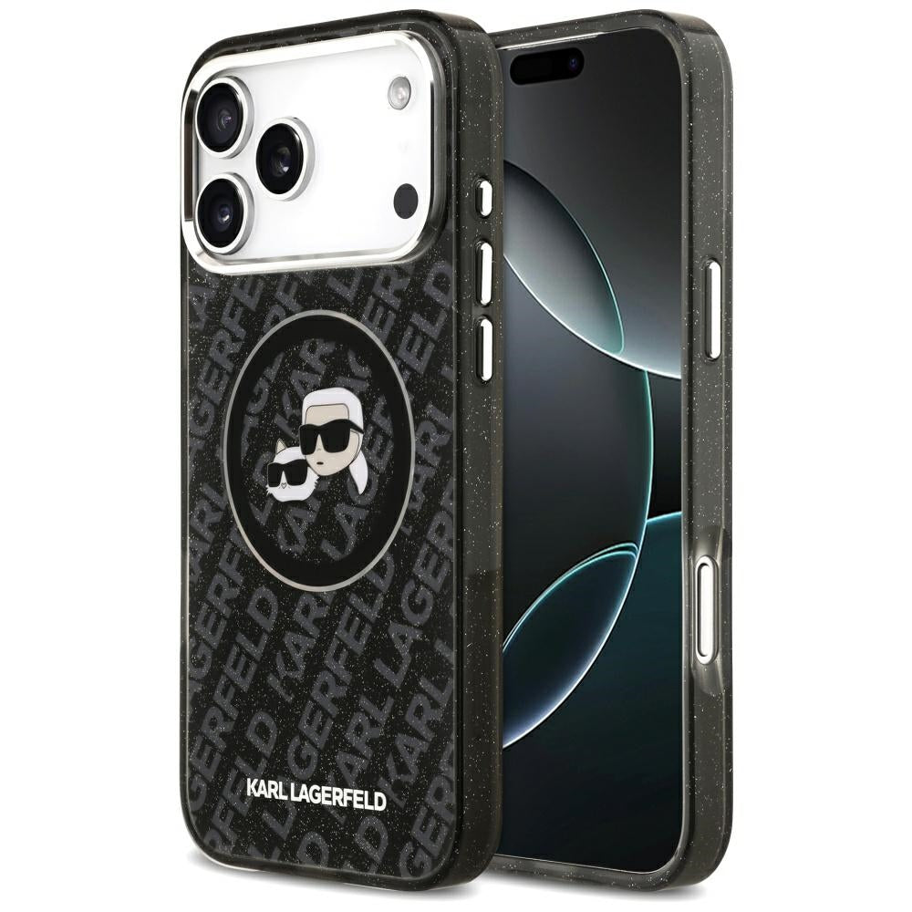 Coque MagSafe pour Apple iPhone 17 Pro Max, Karl Lagerfeld, Glitter Karl & Choupette Head, Noire