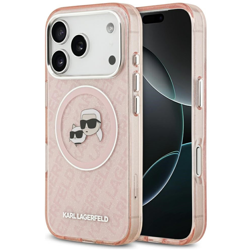 Coque MagSafe pour Apple iPhone 17 Pro Max, Karl Lagerfeld, Glitter Karl & Choupette Head, Rose.