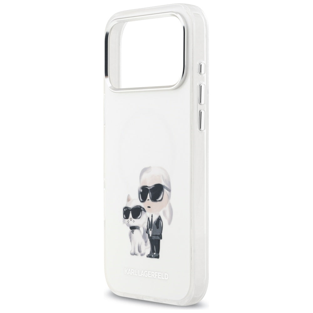 MagSafe Hülle für Apple iPhone 17 Pro Max, Karl Lagerfeld, IML Aquarelle Logo Karl & Choupette, Weiß.