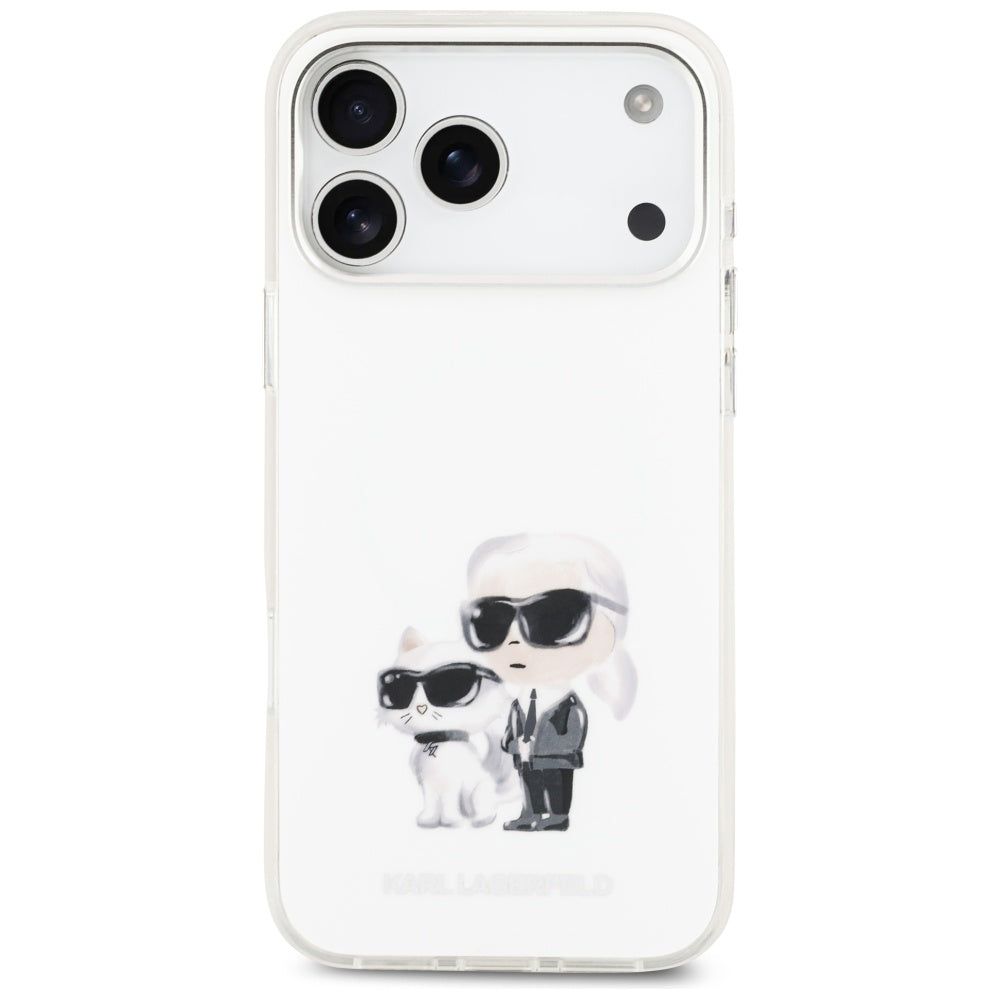 MagSafe Hülle für Apple iPhone 17 Pro Max, Karl Lagerfeld, IML Aquarelle Logo Karl & Choupette, Weiß.