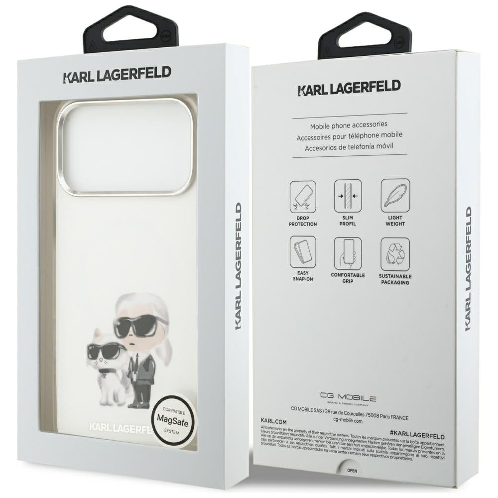 MagSafe Hülle für Apple iPhone 17 Pro Max, Karl Lagerfeld, IML Aquarelle Logo Karl & Choupette, Weiß.