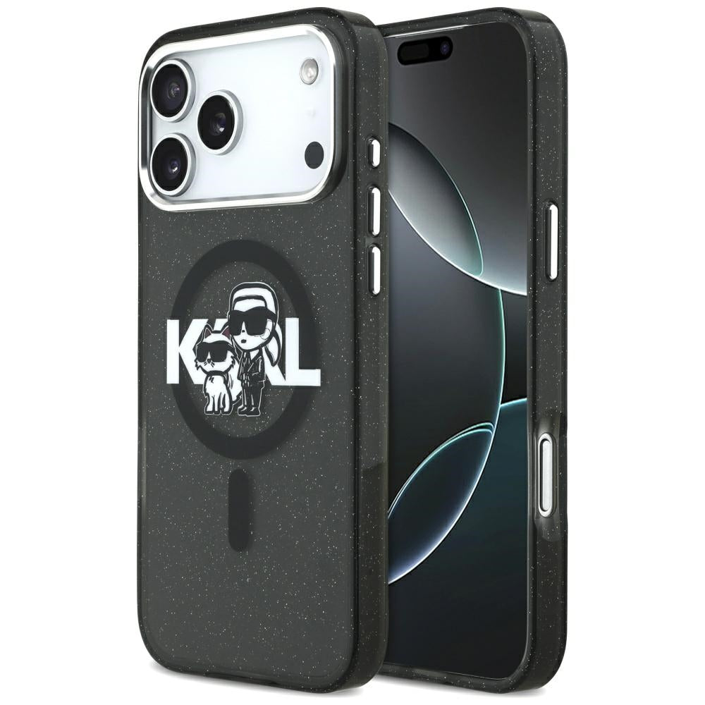MagSafe Hülle für Apple iPhone 17 Pro Max, Karl Lagerfeld, IML Sketch Logo Glitter Karl & Choupette, Schwarz