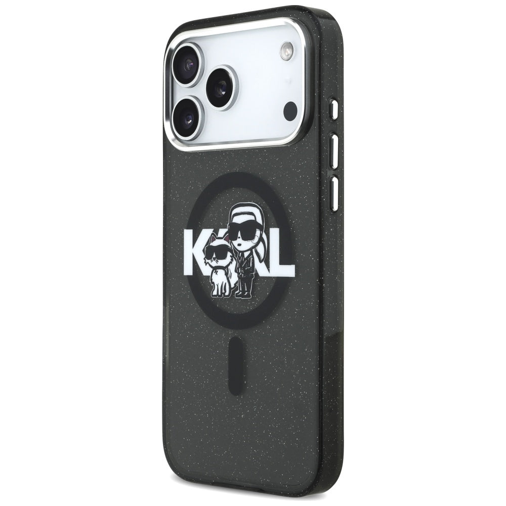 MagSafe Hülle für Apple iPhone 17 Pro Max, Karl Lagerfeld, IML Sketch Logo Glitter Karl & Choupette, Schwarz