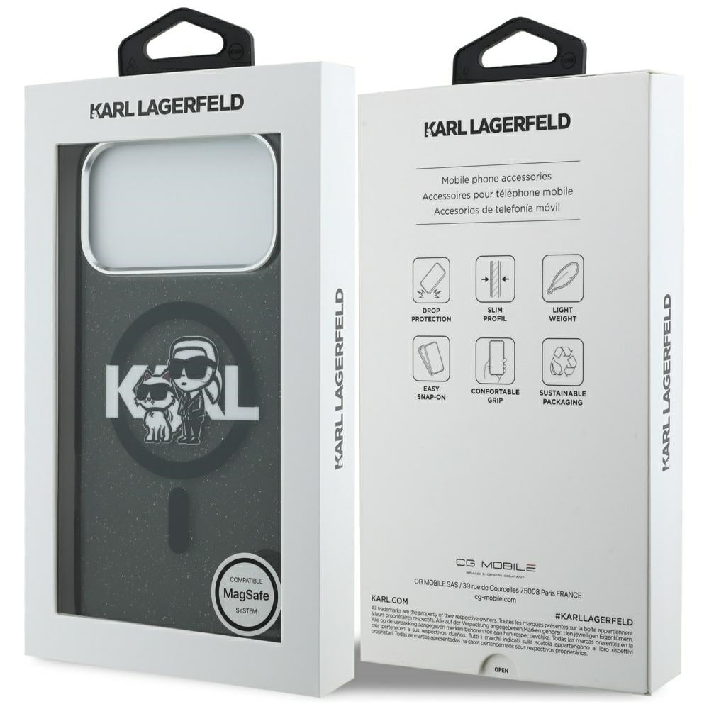 MagSafe Hülle für Apple iPhone 17 Pro Max, Karl Lagerfeld, IML Sketch Logo Glitter Karl & Choupette, Schwarz