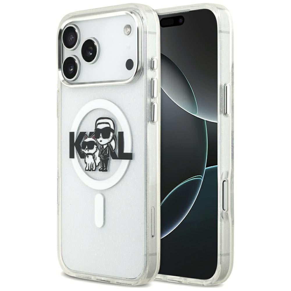 MagSafe Hülle für Apple iPhone 17 Pro Max, Karl Lagerfeld, IML Sketch Logo Glitter Karl & Choupette, Transparent