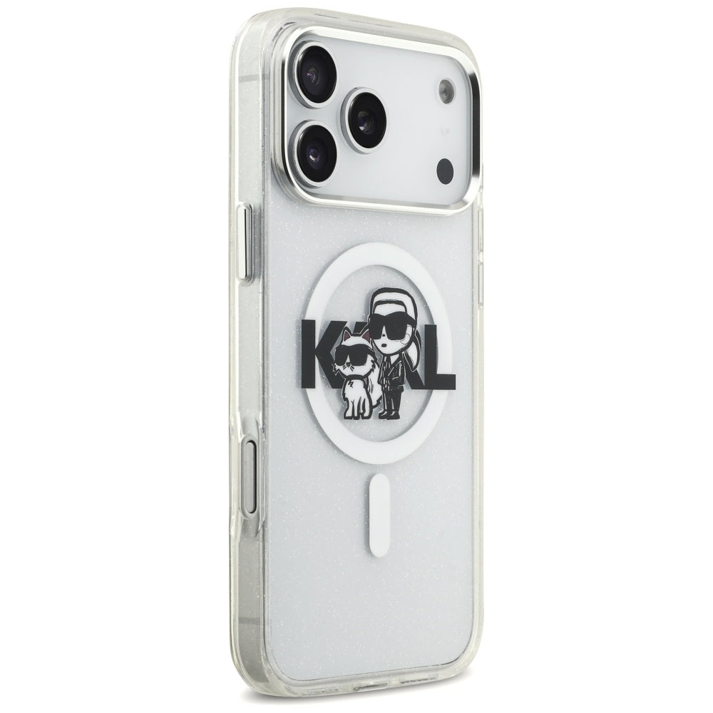 MagSafe Hülle für Apple iPhone 17 Pro Max, Karl Lagerfeld, IML Sketch Logo Glitter Karl & Choupette, Transparent