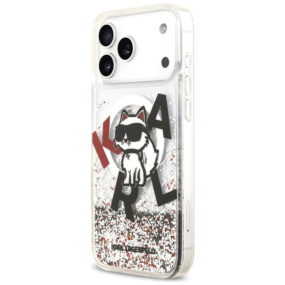 Coque MagSafe pour Apple iPhone 17 Pro Max, Karl Lagerfeld, Logo Paillettes Liquides Choupette, Transparente