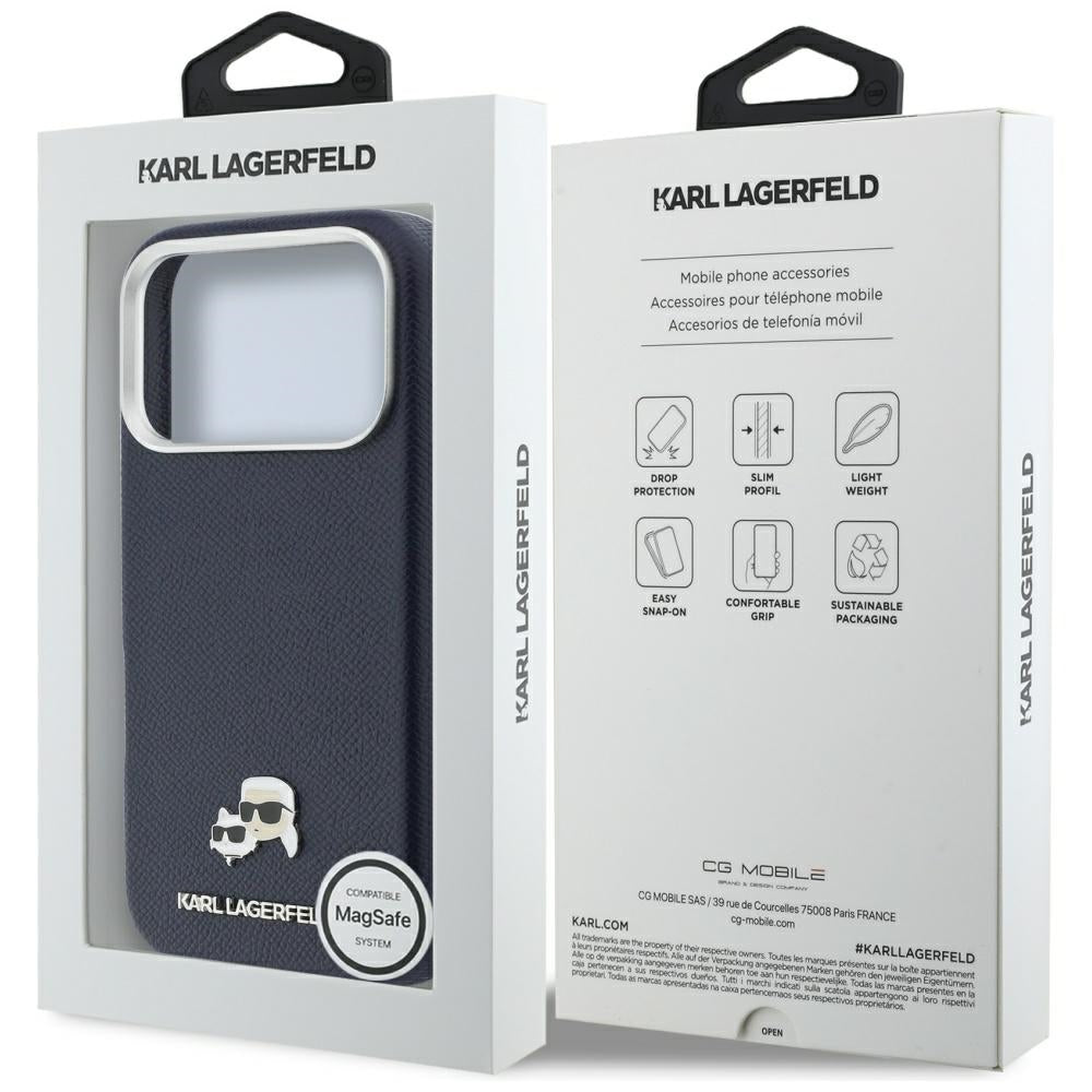 Étui MagSafe pour Apple iPhone 17 Pro Max, Karl Lagerfeld, Saffiano Karl & Choupette Pins, Bleu