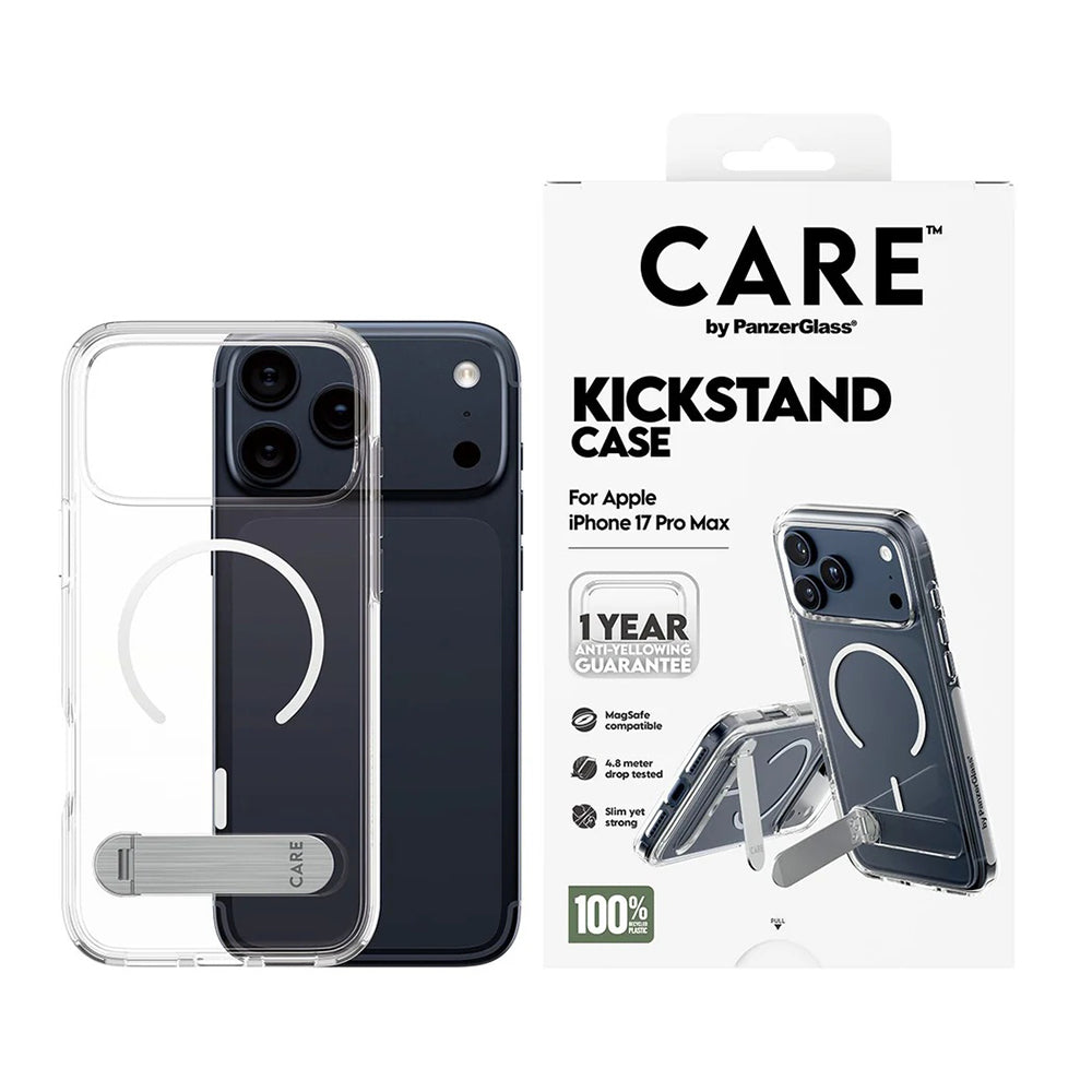 MagSafe Hülle für Apple iPhone 17 Pro Max, PanzerGlass, Care Feature Kickstand, Transparent Weiß