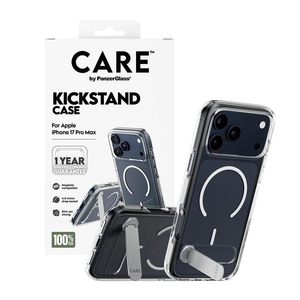 MagSafe Hülle für Apple iPhone 17 Pro Max, PanzerGlass, Care Feature Kickstand, Transparent Weiß