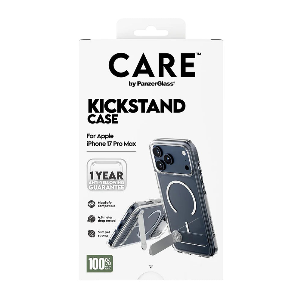 MagSafe Hülle für Apple iPhone 17 Pro Max, PanzerGlass, Care Feature Kickstand, Transparent Weiß