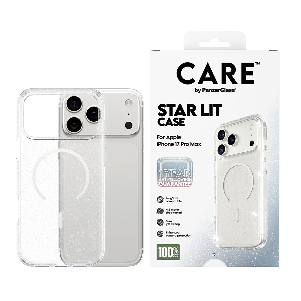 Coque MagSafe pour Apple iPhone 17 Pro Max, PanzerGlass, Care Urban Explorer Star Lit, Transparente Blanche