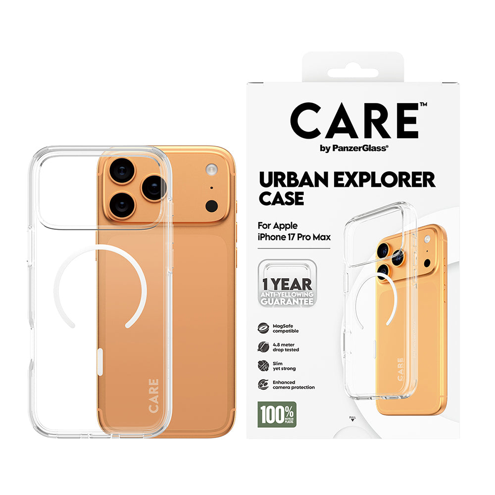 Coque MagSafe pour Apple iPhone 17 Pro Max, PanzerGlass, Care Urban Explorer, Transparente Blanche