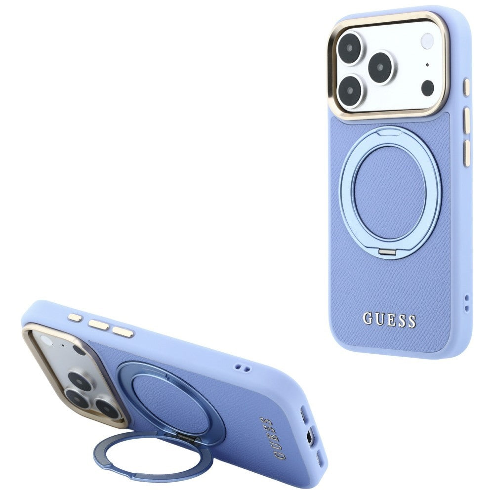 Coque MagSafe pour Apple iPhone 18 Pro / 17 Pro, Guess, Grained Ring Stand 360 Classic, bleu