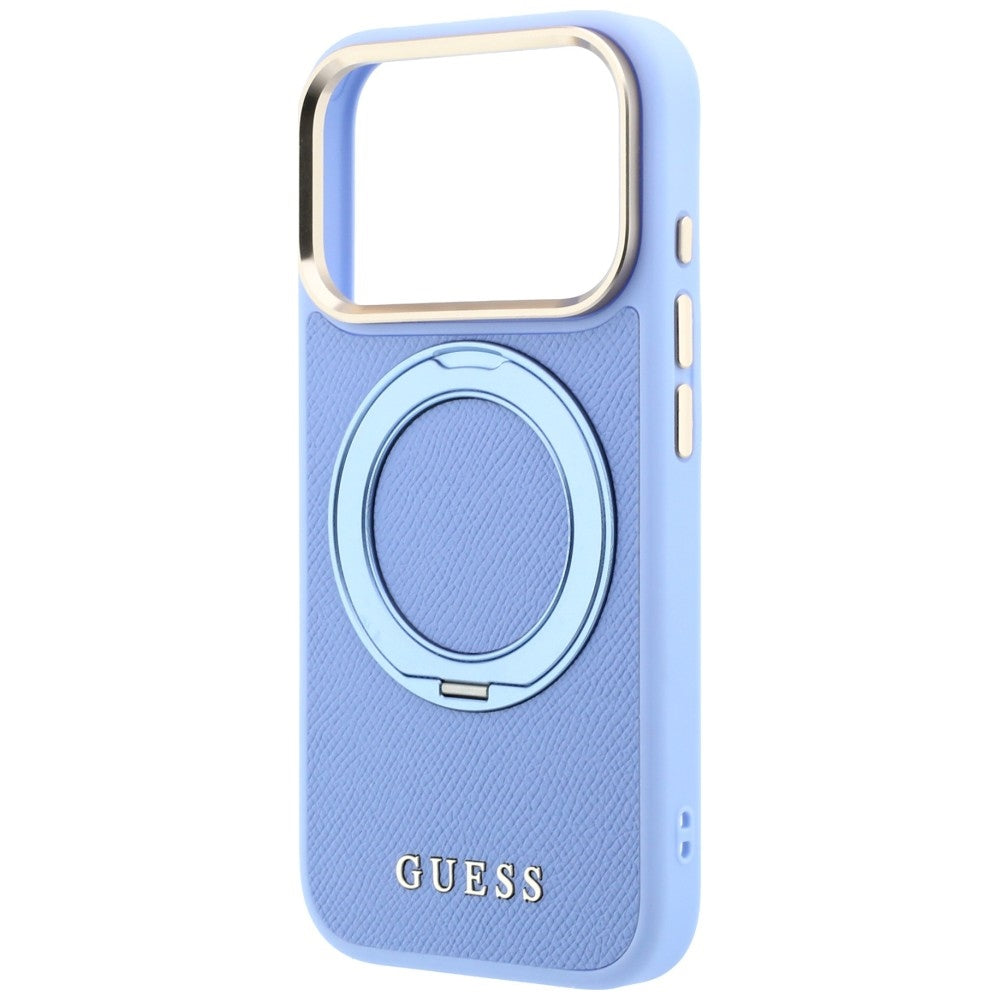 Coque MagSafe pour Apple iPhone 18 Pro / 17 Pro, Guess, Grained Ring Stand 360 Classic, bleu