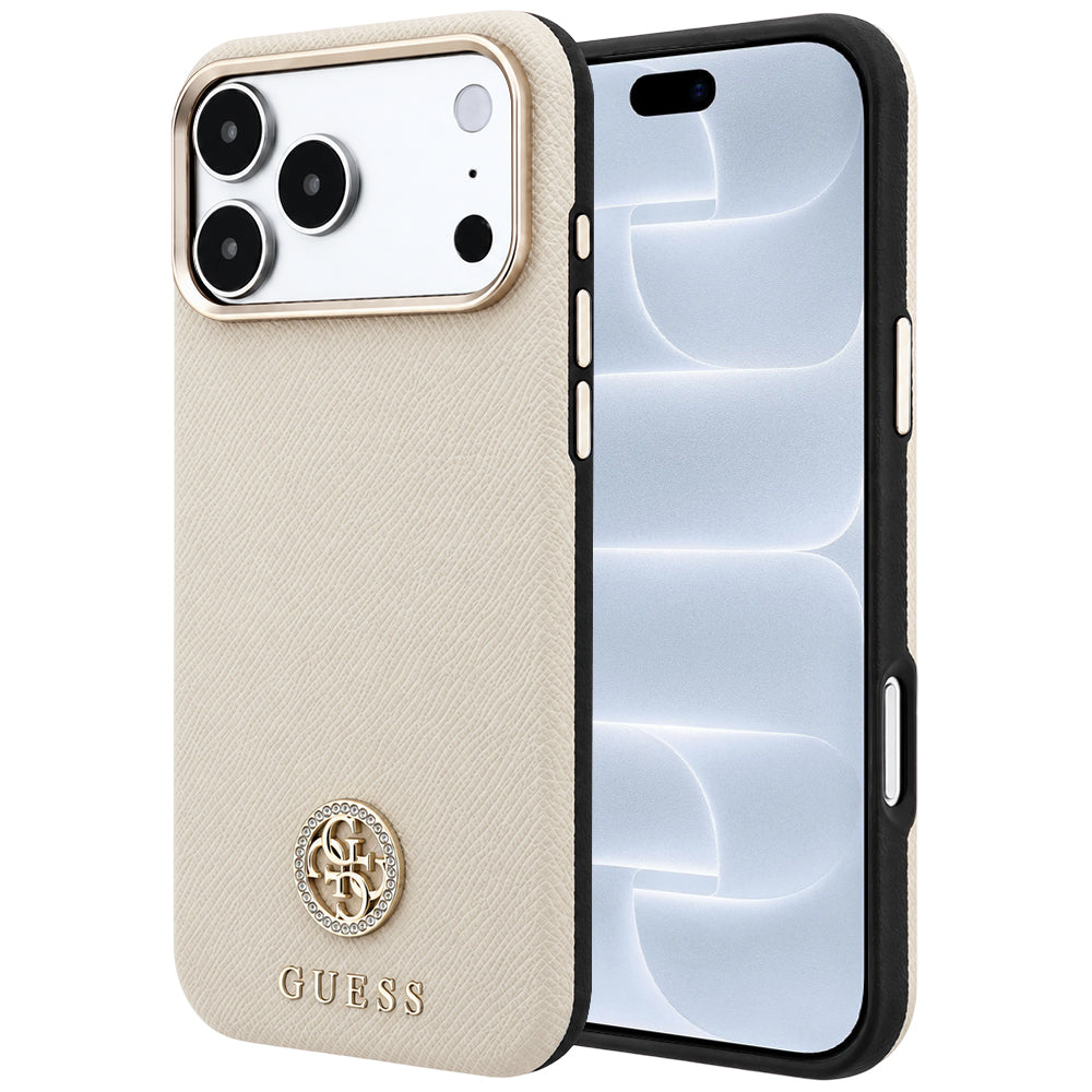 MagSafe-Hülle für Apple iPhone 18 Pro / 17 Pro, Guess, genarbtes rundes Strass-Logo, Beige