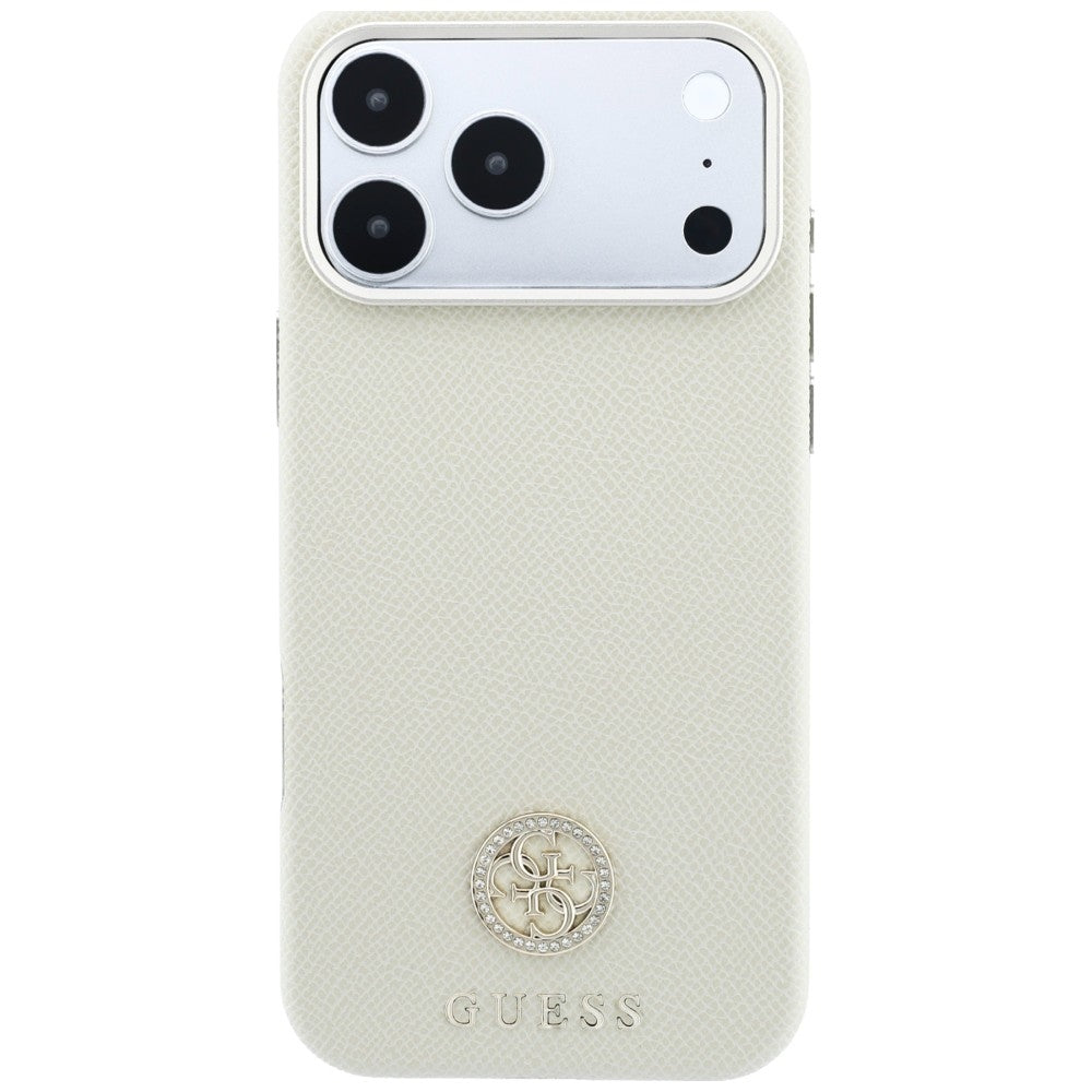 MagSafe-Hülle für Apple iPhone 18 Pro / 17 Pro, Guess, genarbtes rundes Strass-Logo, Beige
