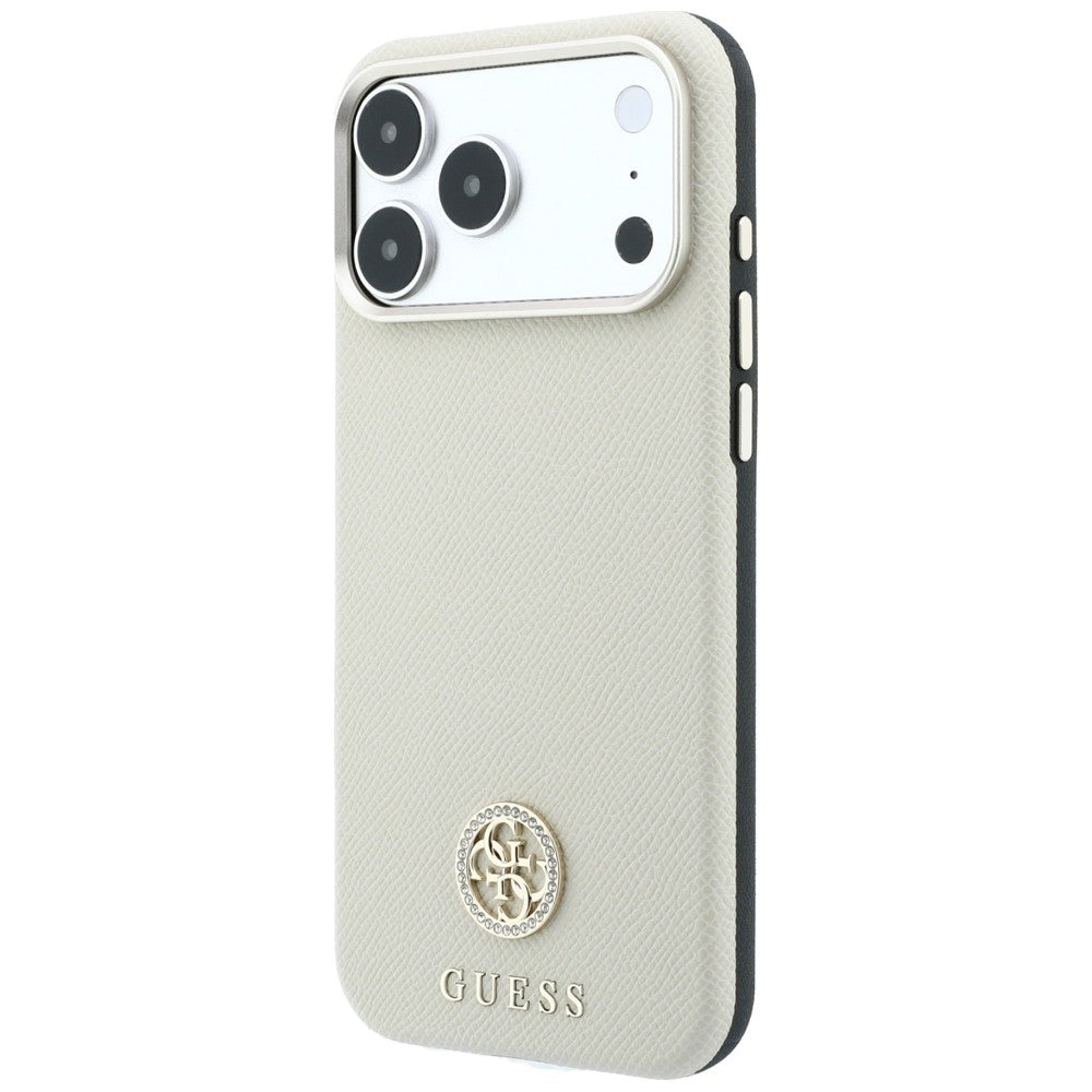 MagSafe-Hülle für Apple iPhone 18 Pro / 17 Pro, Guess, genarbtes rundes Strass-Logo, Beige