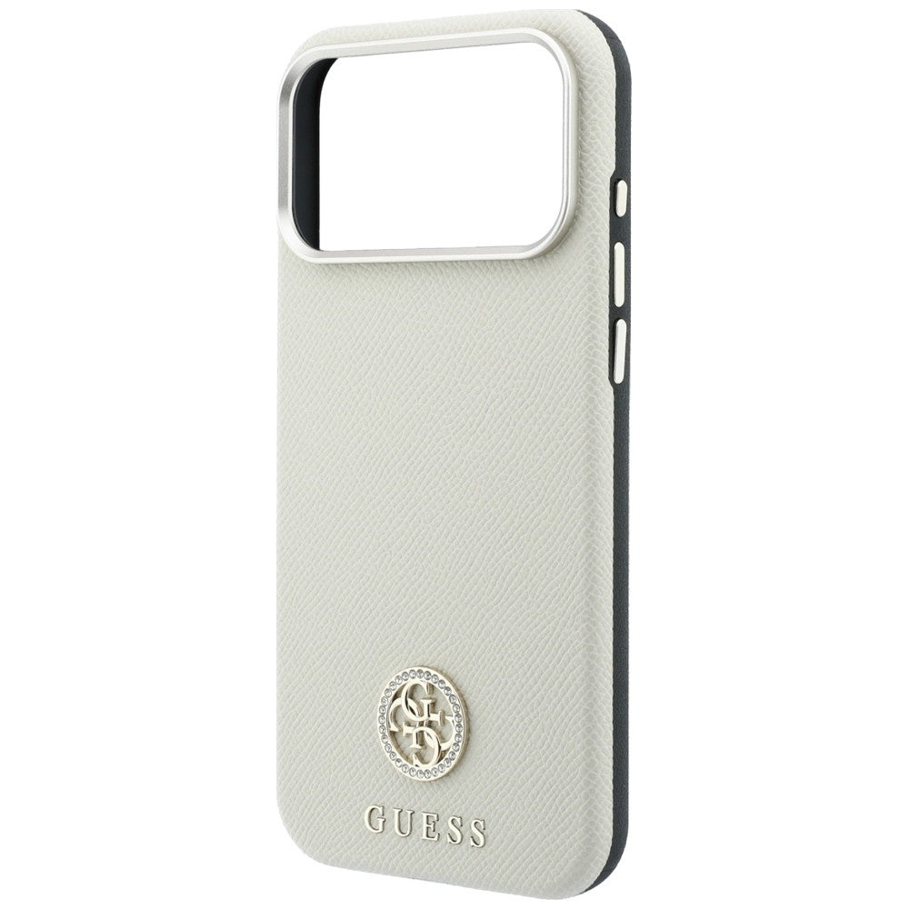 MagSafe-Hülle für Apple iPhone 18 Pro / 17 Pro, Guess, genarbtes rundes Strass-Logo, Beige