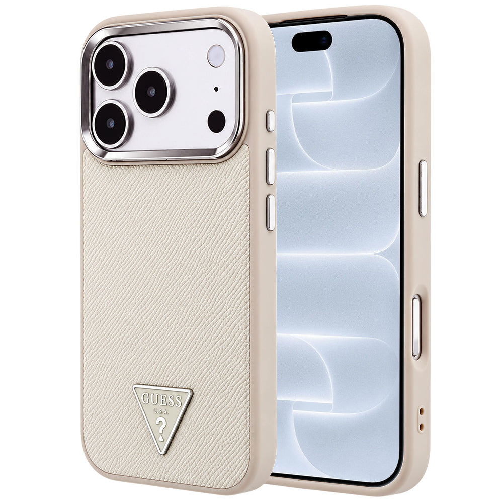 Coque MagSafe pour Apple iPhone 18 Pro / 17 Pro, Guess, Logo Triangle Grainé, Beige