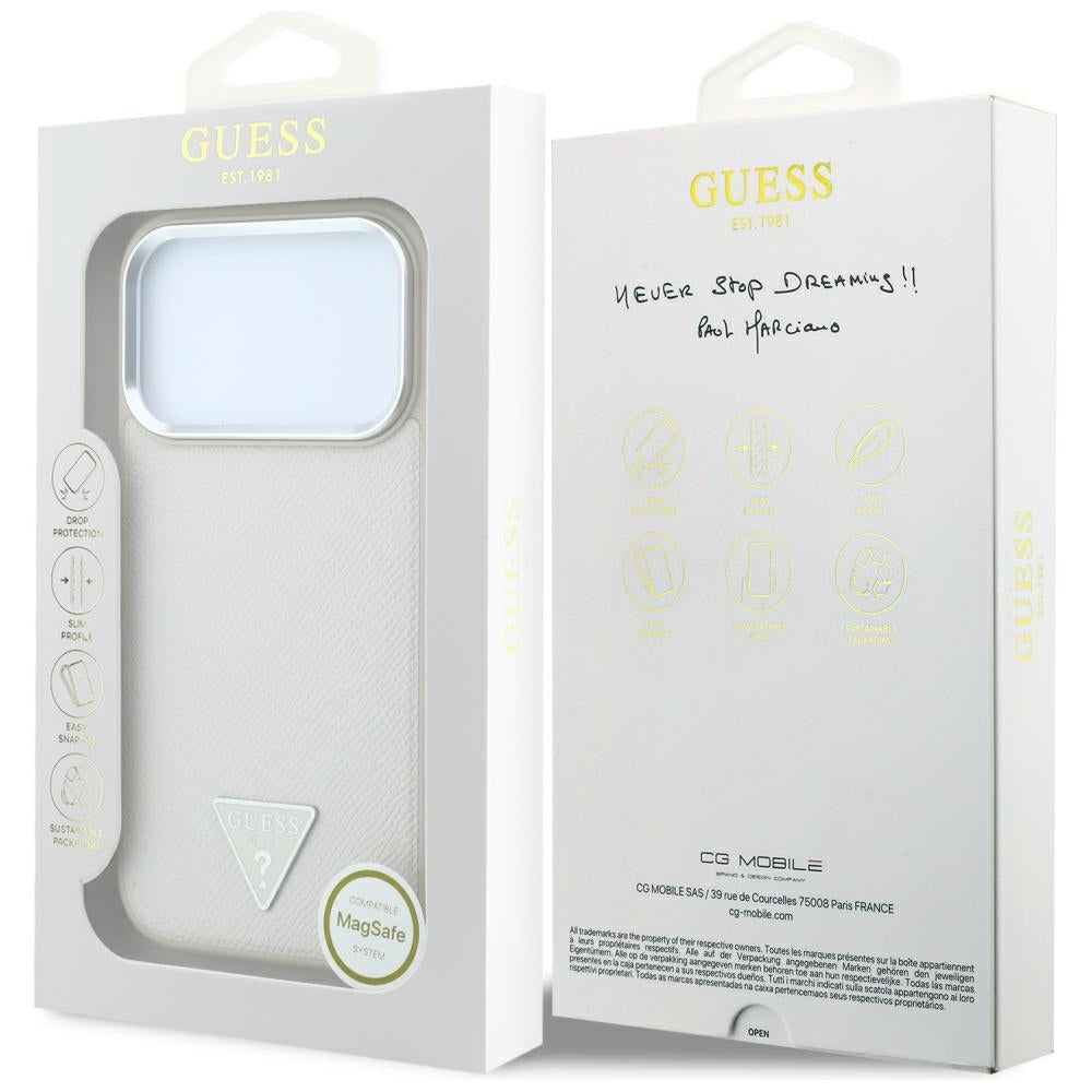 Coque MagSafe pour Apple iPhone 18 Pro / 17 Pro, Guess, Logo Triangle Grainé, Beige