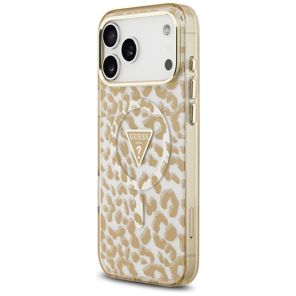 MagSafe-Hülle für Apple iPhone 18 Pro / 17 Pro, Guess, Leopard Glitter Dreieck Logo, Braun
