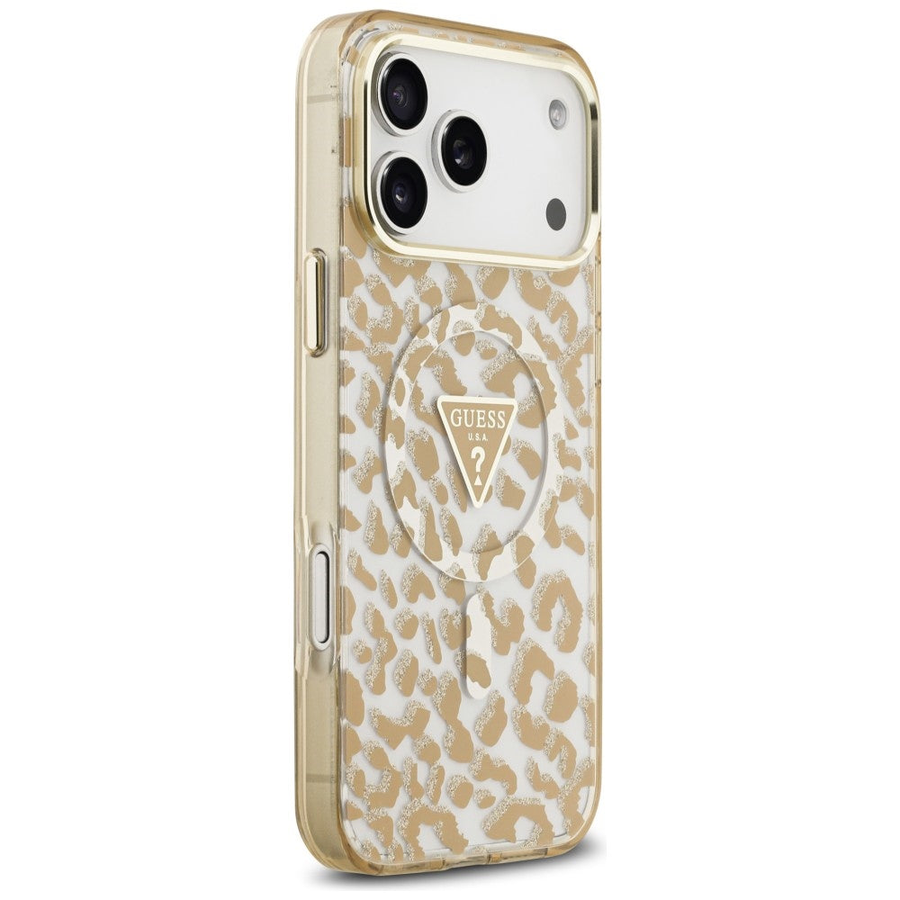 MagSafe-Hülle für Apple iPhone 18 Pro / 17 Pro, Guess, Leopard Glitter Dreieck Logo, Braun