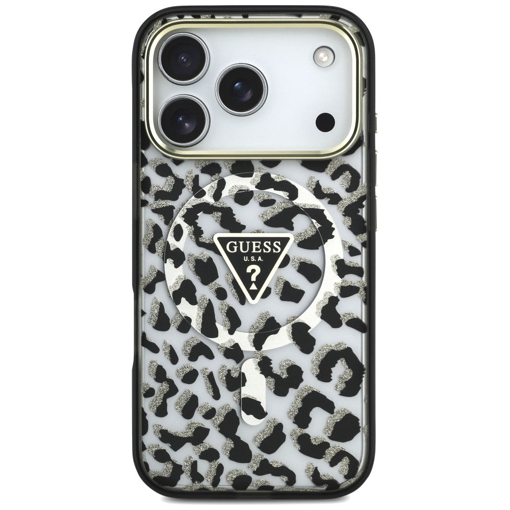 MagSafe-Hülle für Apple iPhone 18 Pro / 17 Pro, Guess, Leopard Glitter Dreieck Logo, Schwarz