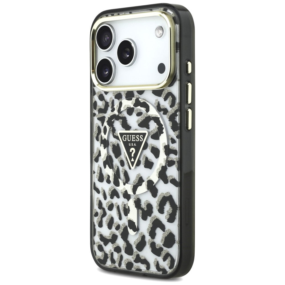 MagSafe-Hülle für Apple iPhone 18 Pro / 17 Pro, Guess, Leopard Glitter Dreieck Logo, Schwarz