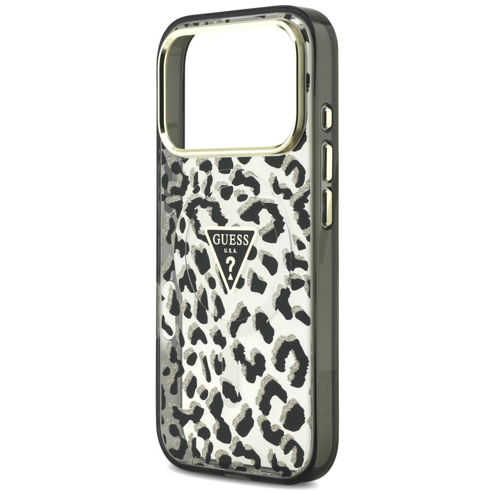 MagSafe-Hülle für Apple iPhone 18 Pro / 17 Pro, Guess, Leopard Glitter Dreieck Logo, Schwarz