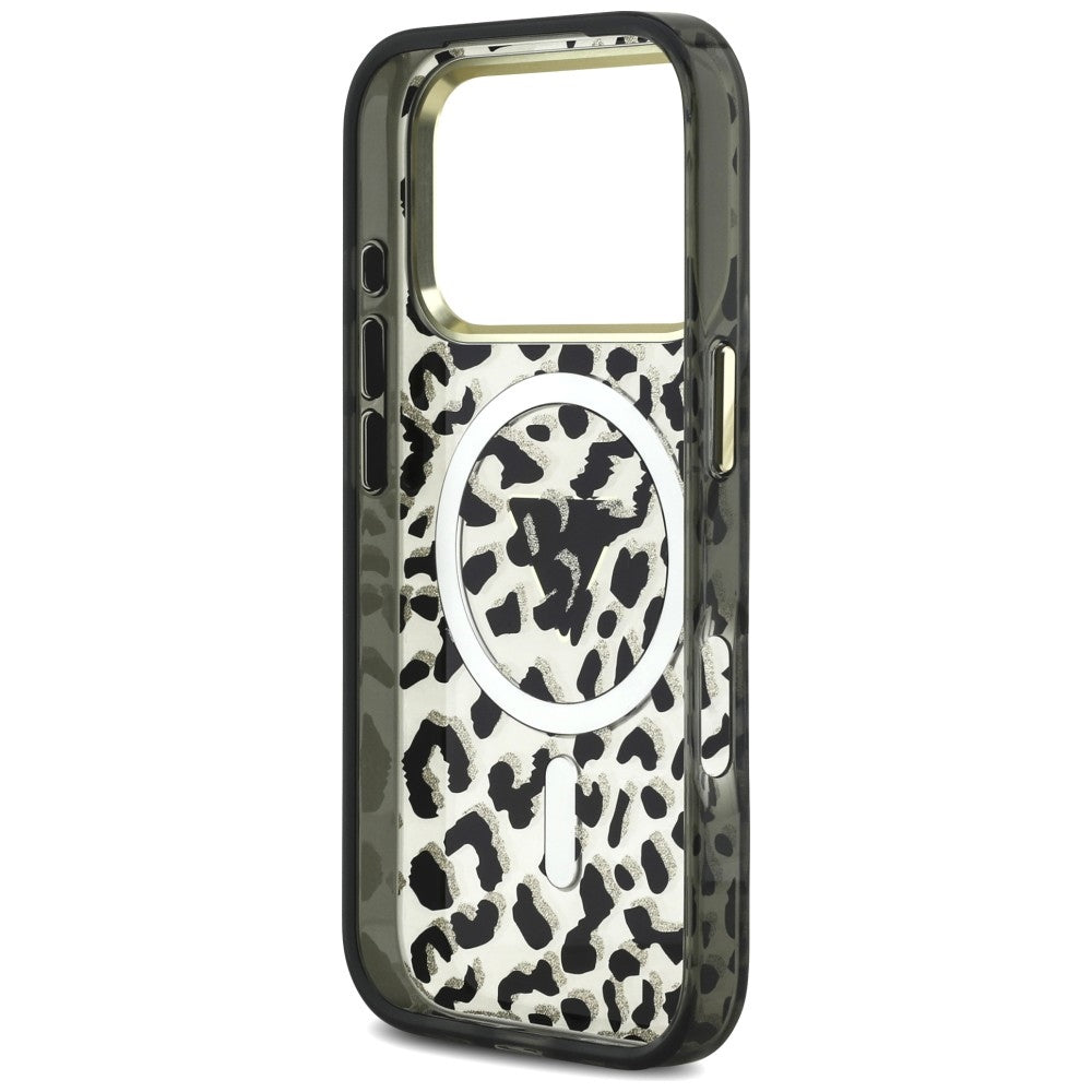MagSafe-Hülle für Apple iPhone 18 Pro / 17 Pro, Guess, Leopard Glitter Dreieck Logo, Schwarz