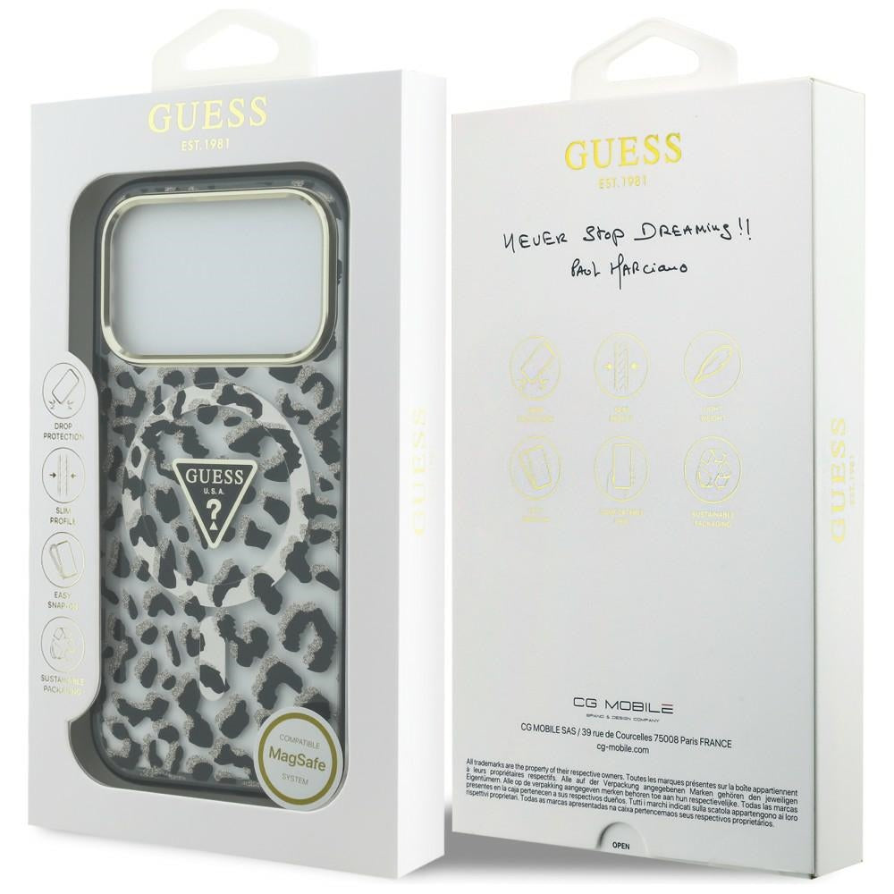 MagSafe-Hülle für Apple iPhone 18 Pro / 17 Pro, Guess, Leopard Glitter Dreieck Logo, Schwarz