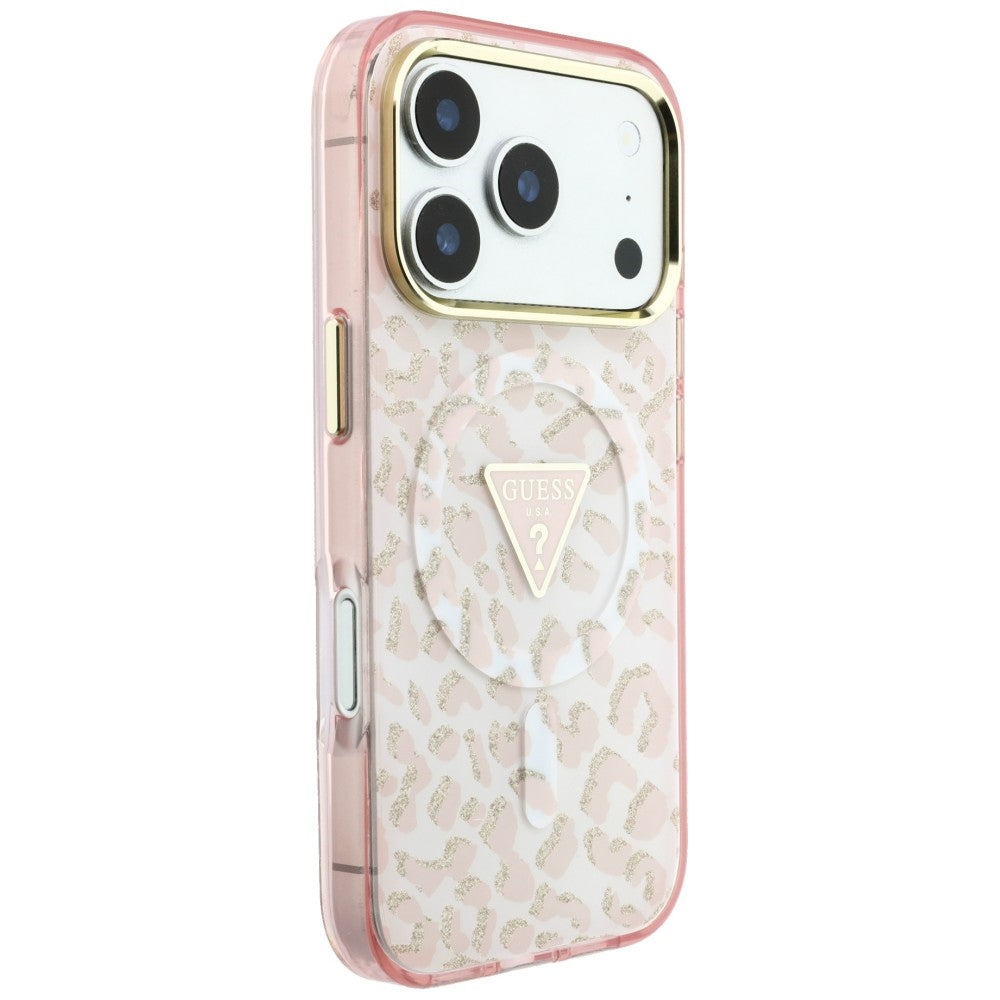 MagSafe-Hülle für Apple iPhone 18 Pro / 17 Pro, Guess, Leopard Glitter Dreieck Logo, Rosa