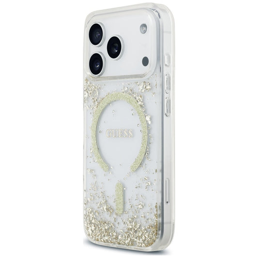 Coque MagSafe pour Apple iPhone 18 Pro / 17 Pro, Guess, Fond en Résine Pailleté, Dorée