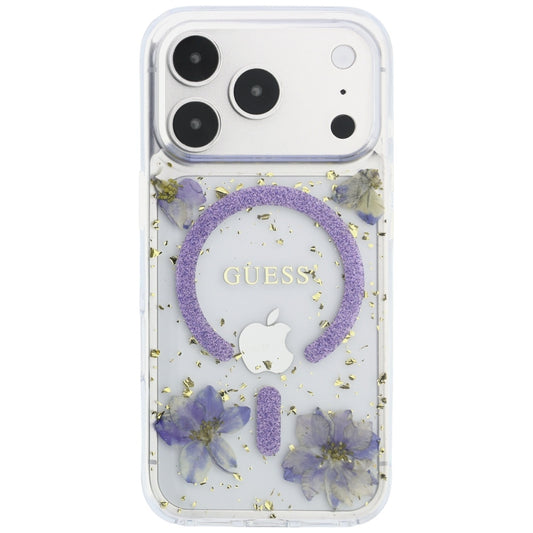MagSafe-Hülle für Apple iPhone 18 Pro / 17 Pro, Guess, Harzblumen und Glitzer, Lila