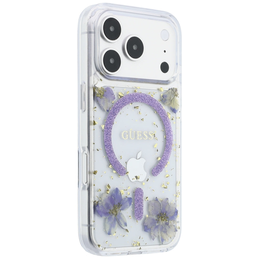 MagSafe-Hülle für Apple iPhone 18 Pro / 17 Pro, Guess, Harzblumen und Glitzer, Lila