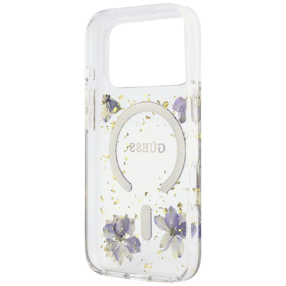 MagSafe-Hülle für Apple iPhone 18 Pro / 17 Pro, Guess, Harzblumen und Glitzer, Lila