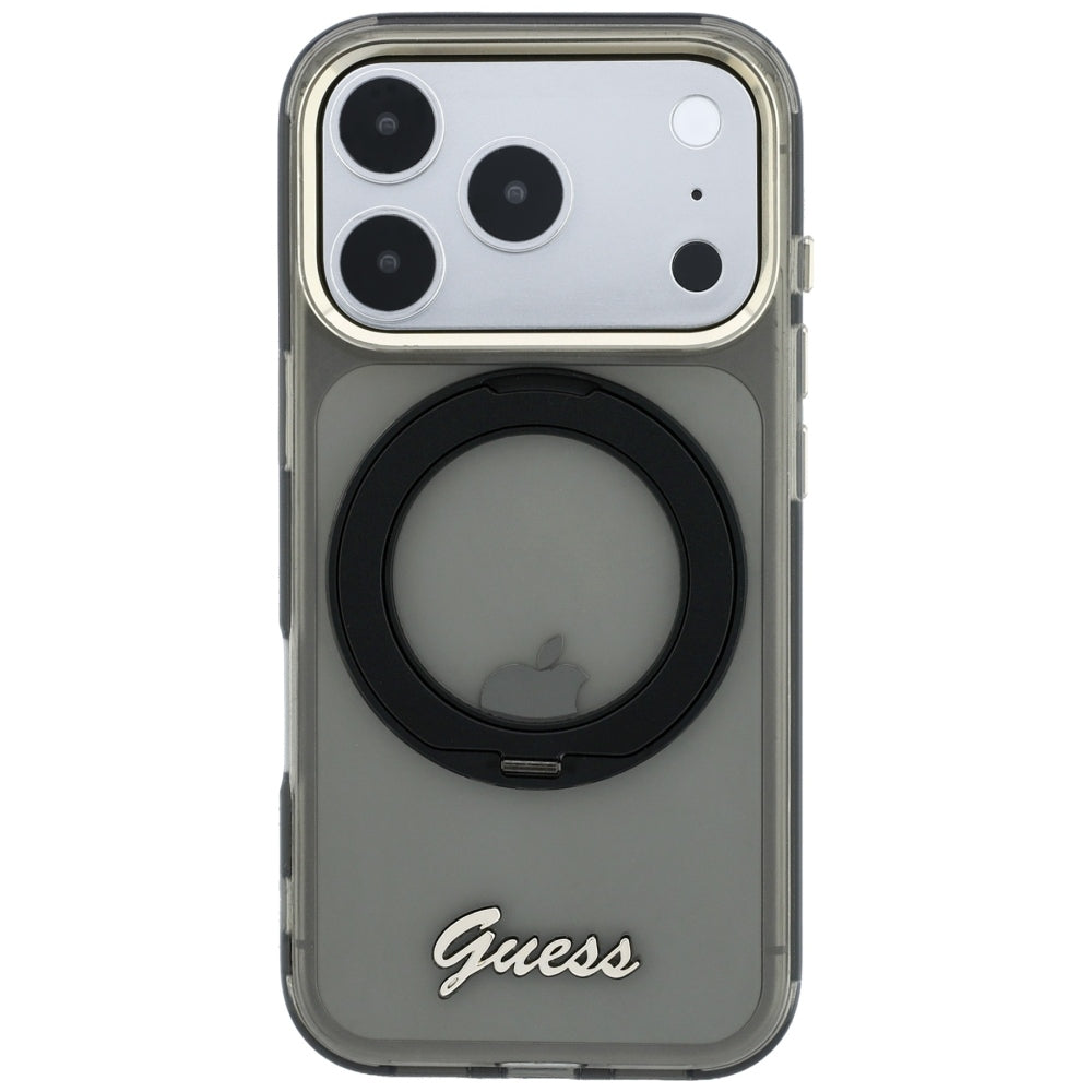 Coque MagSafe pour Apple iPhone 18 Pro / 17 Pro, Guess, Support Anneau Logo Métal Script, Noire