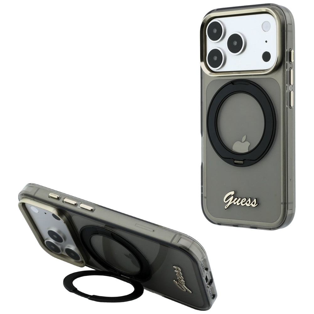 Coque MagSafe pour Apple iPhone 18 Pro / 17 Pro, Guess, Support Anneau Logo Métal Script, Noire