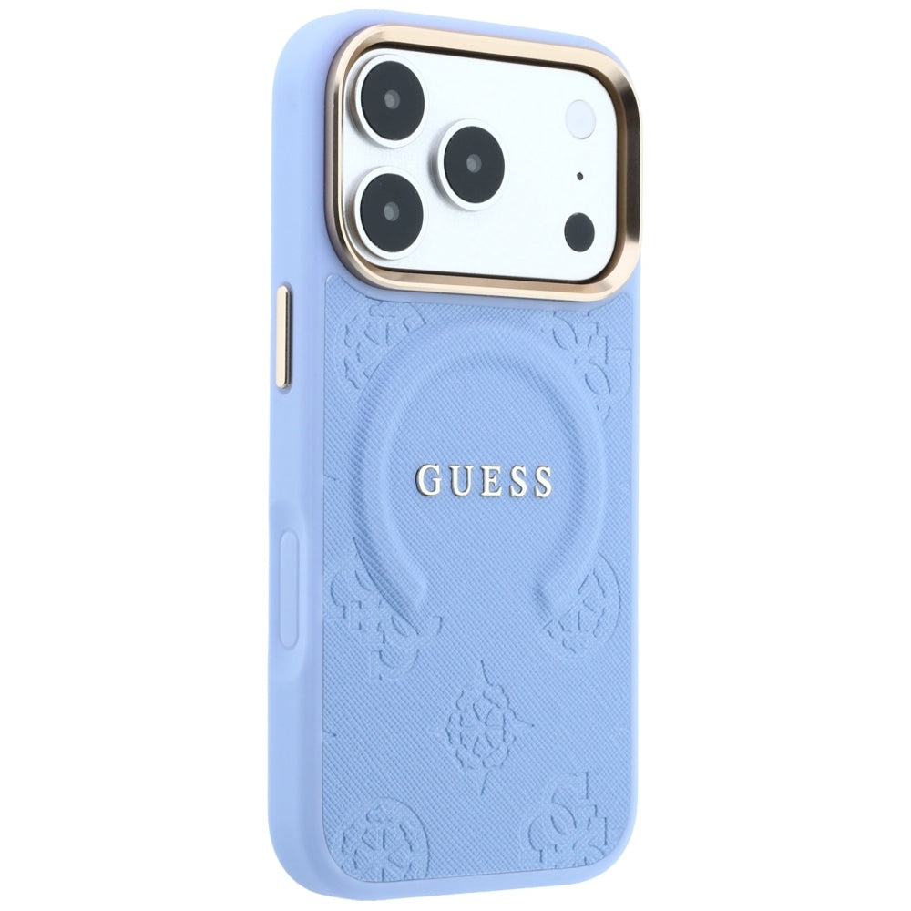 Coque MagSafe pour Apple iPhone 18 Pro / 17 Pro, Guess, Saffiano Peony Ring, Bleu