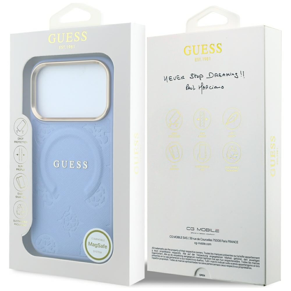 Coque MagSafe pour Apple iPhone 18 Pro / 17 Pro, Guess, Saffiano Peony Ring, Bleu