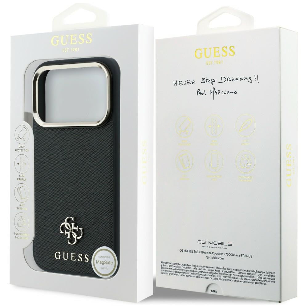 Coque MagSafe pour Apple iPhone 18 Pro / 17 Pro, Guess, Saffiano Small 4G Classic, Noire