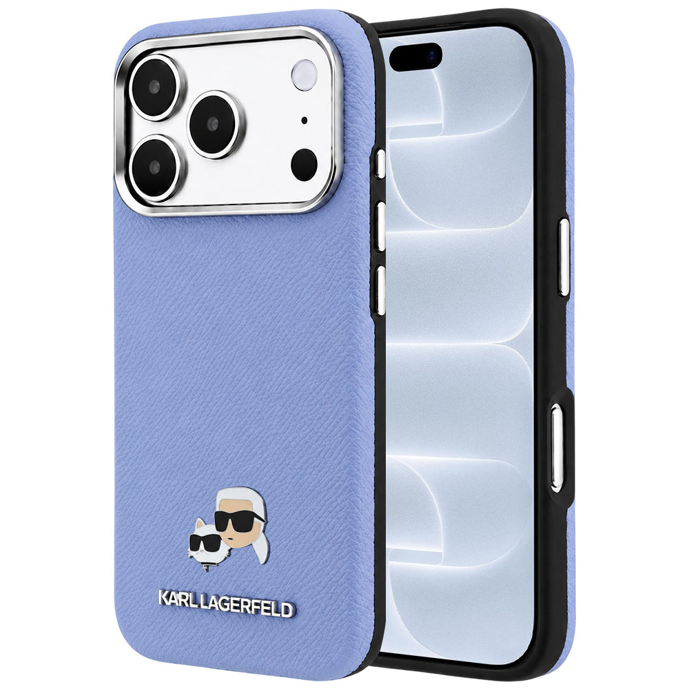 Coque MagSafe pour Apple iPhone 18 Pro / 17 Pro, Karl Lagerfeld, Grained Karl & Tête de Choupette en métal, Bleu