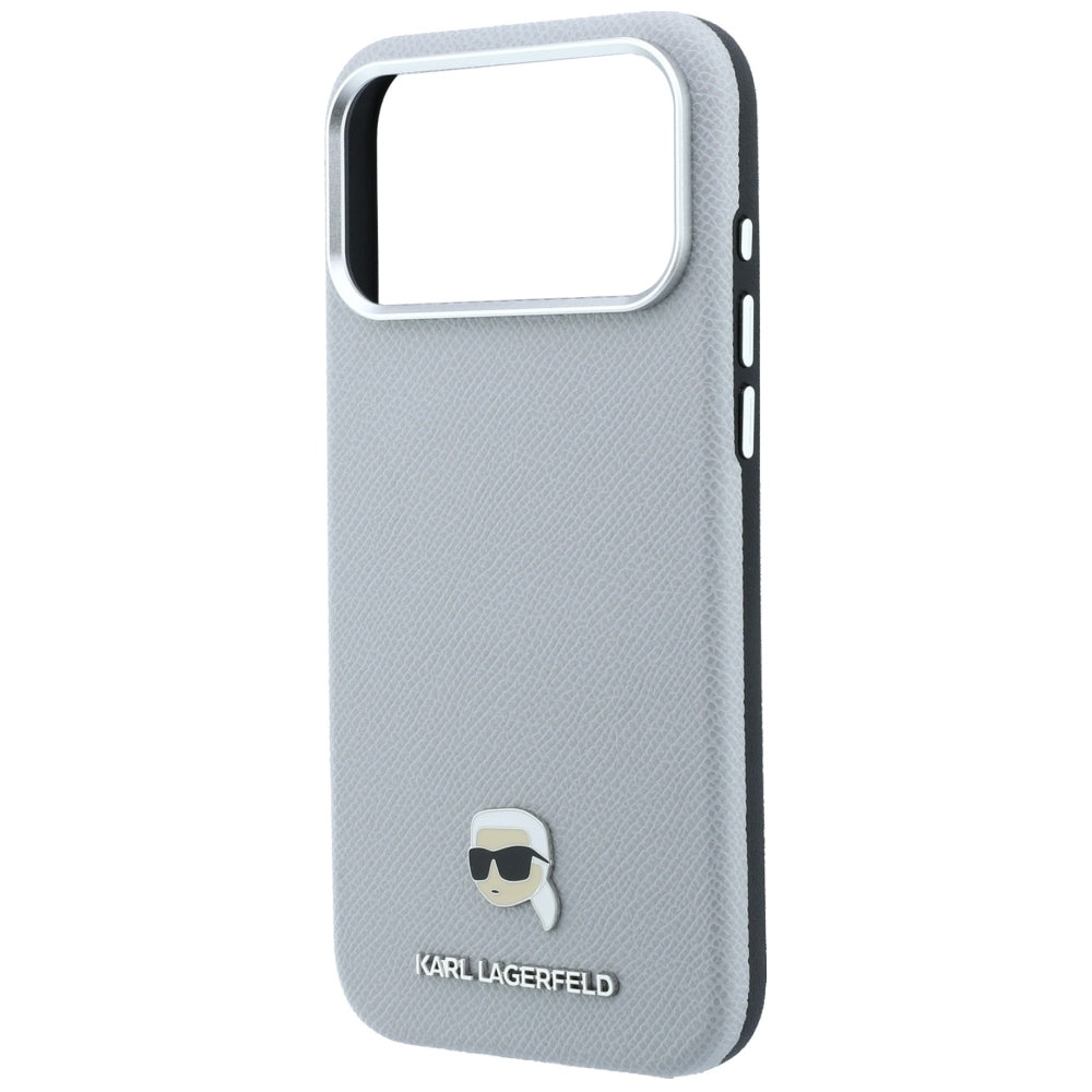 Coque MagSafe pour Apple iPhone 18 Pro / 17 Pro, Karl Lagerfeld, Métal Grainé Tête de Karl, Gris
