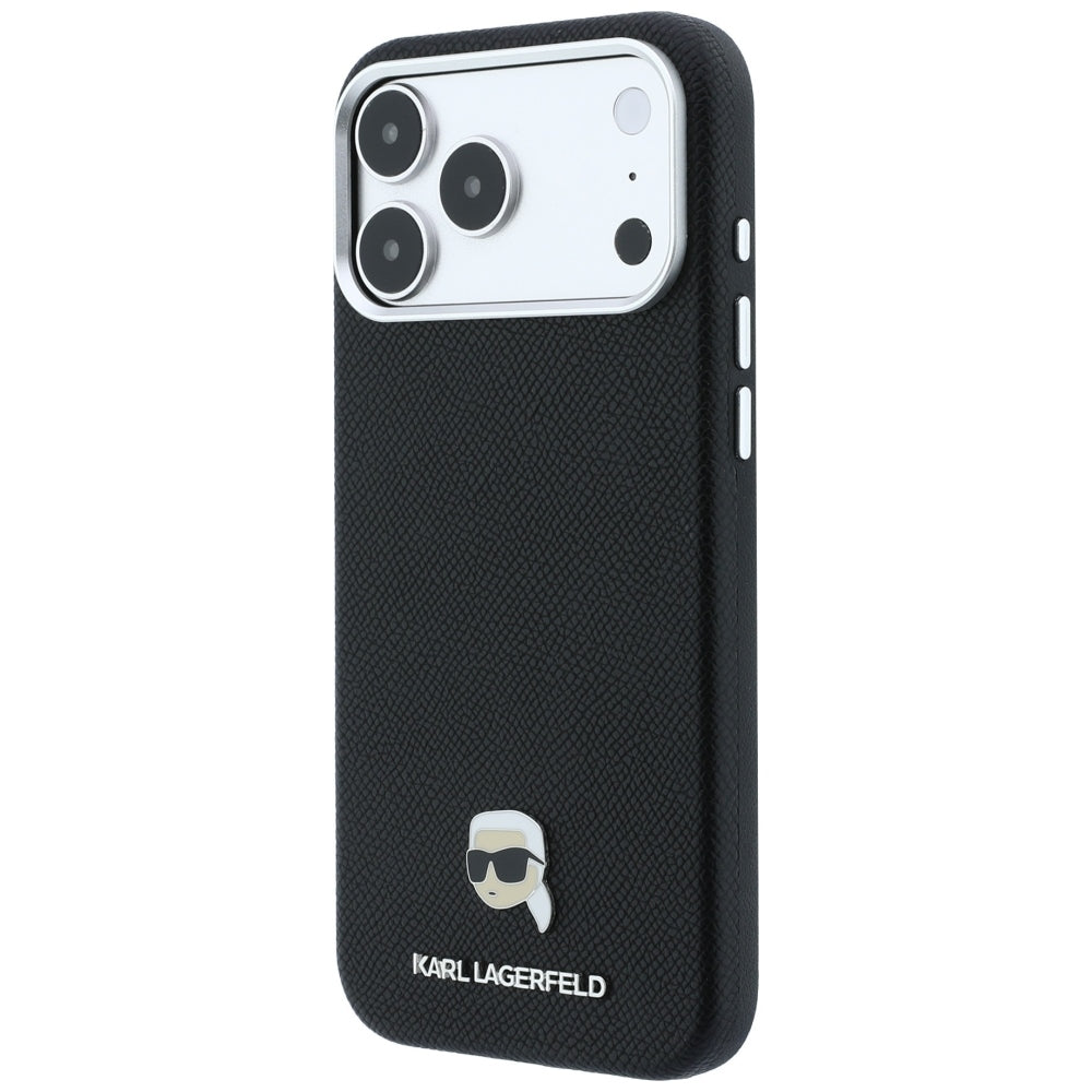 Coque MagSafe pour Apple iPhone 18 Pro / 17 Pro, Karl Lagerfeld, Métal Grainé Tête de Karl, Noire