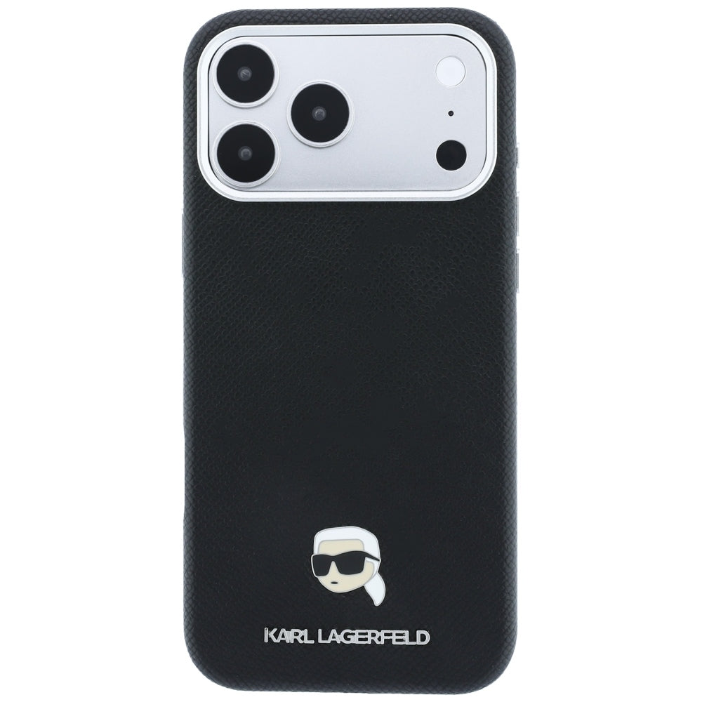 Coque MagSafe pour Apple iPhone 18 Pro / 17 Pro, Karl Lagerfeld, Métal Grainé Tête de Karl, Noire