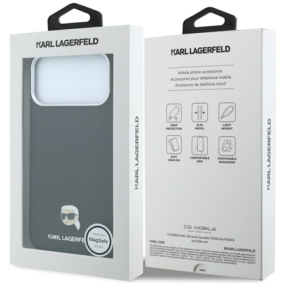 Coque MagSafe pour Apple iPhone 18 Pro / 17 Pro, Karl Lagerfeld, Métal Grainé Tête de Karl, Noire